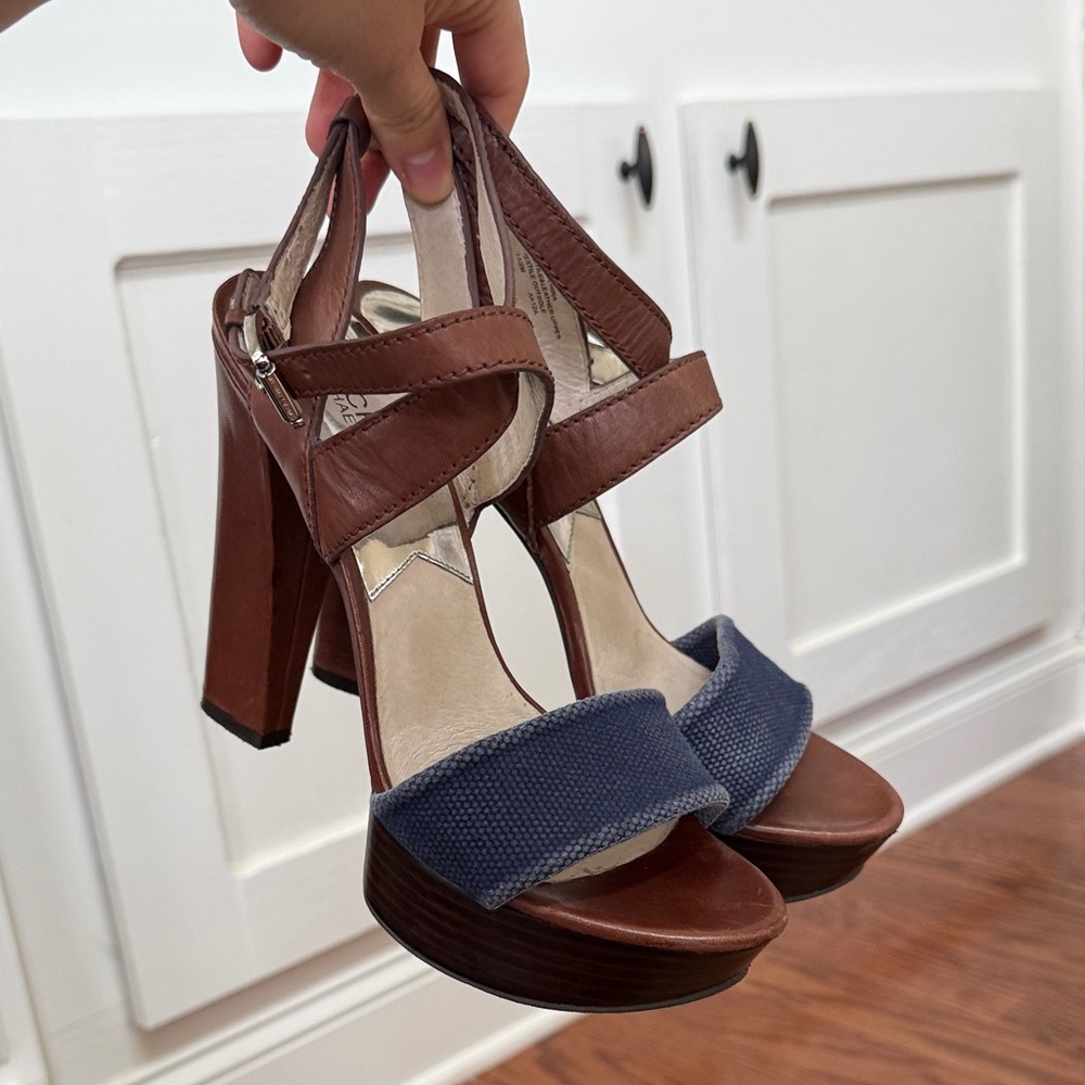 Michael Kors Brown Leather Platform Heels Denim Strap Size 7.5 | Y2K Block Heel - Picture 8 of 11